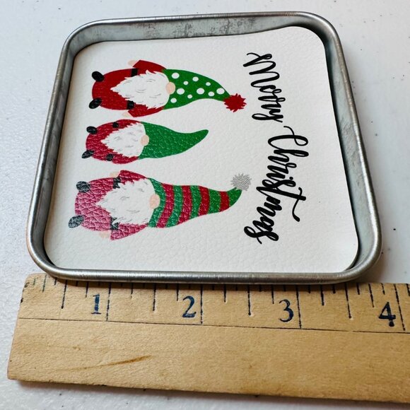 Holiday Christmas Gnome Coaster Set 4 tin coasters plus holder with handle - Picture 14 of 14